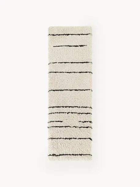 Pluizige hoogpolige loper Dunya, handgetuft, Onderzijde: 100% katoen, Beige, zwart, B 80 x L 250 cm