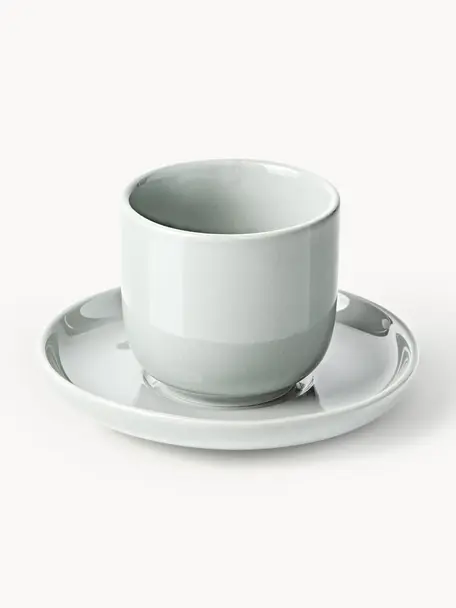 Tazas de café espresso con platitos de porcelana Nessa, 4 uds., Porcelana dura de alta calidad, Gris claro brillante, Ø 7 x Al 6 cm, 90 ml