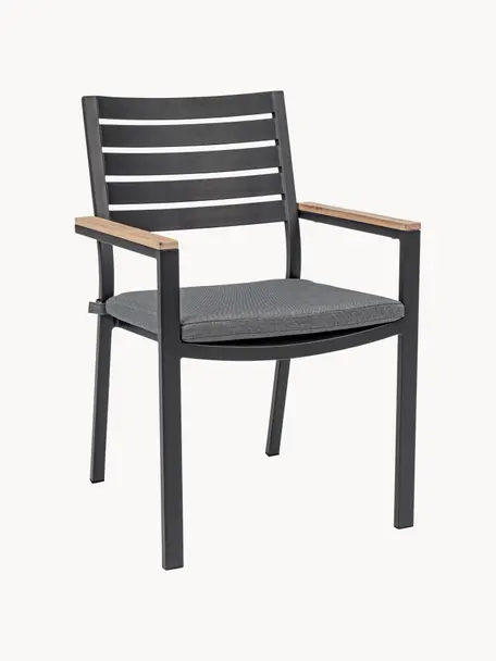 Silla con reposabrazos de jardín con cojín de asiento Belmar, Tapizado: 100% polipropileno, Estructura: aluminio con pintura en p, Reposabrazos: madera, Tejido gris oscuro, gris antracita, An 60 x L 58 cm