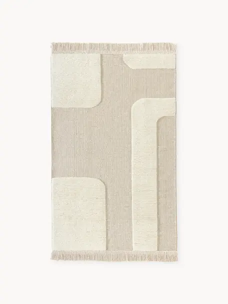 Handgewebter Teppich Laine mit Hoch-Tief-Muster und Fransen, 57 % Wolle (RWS-zertifiziert), 35 % Jute, 8 % Baumwolle, Beige, Cremeweiß, B 120 x L 180 cm (Größe S)