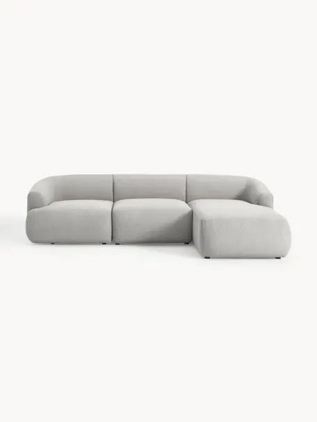 Sofá rinconera modular en tejido bouclé Sofia (3 plazas), Tapizado: tejido bouclé (100% polié, Estructura: madera de abeto, tablero , Patas: plástico Este producto es, Bouclé gris claro, An 277 x F 185 cm, chaise longue derecha