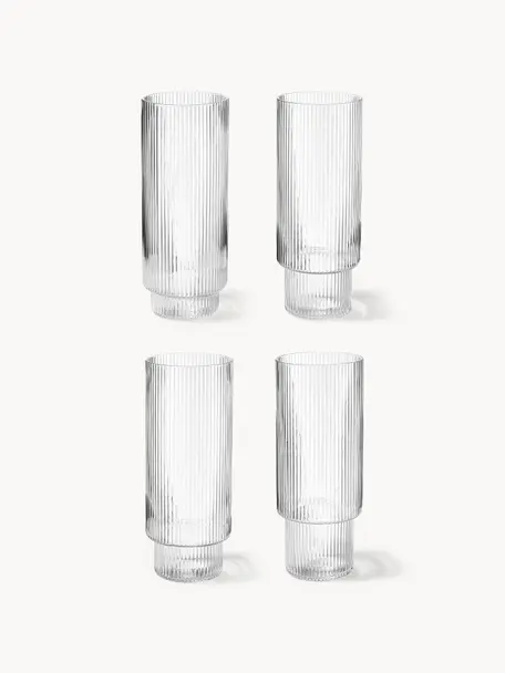 Verres à longdrink striés soufflés bouche Ripple, 4 pièces, Verre, soufflé bouche, Transparent, haute brillance, Ø 6 x haut. 14 cm, 300 ml