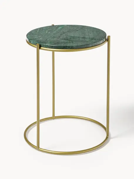 Tavolino rotondo con piano in marmo Ella, Struttura: metallo verniciato a polv, Verde marmorizzato, dorato, Ø 40 x Alt. 50 cm