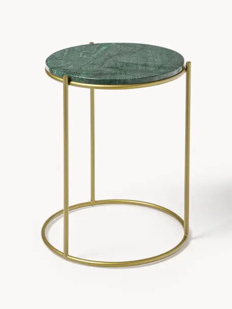 Table d'appoint ronde en marbre Ella, Vert, marbré, doré, Ø 40 x haut. 50 cm