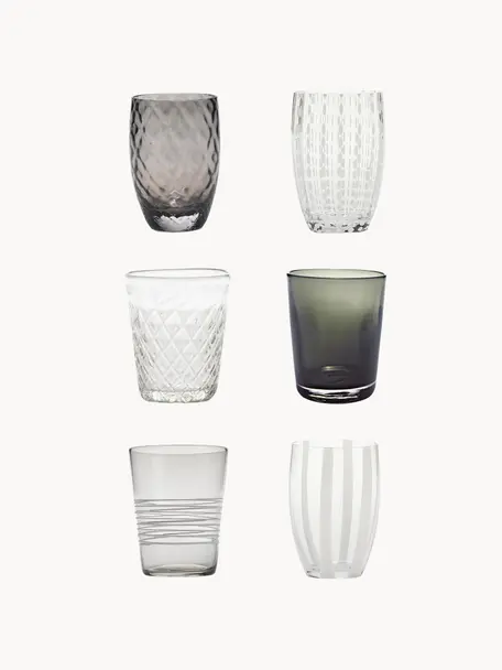 Handgefertigte Wassergläser Melting, 6er-Set, Glas, Grau, Transparent, Set mit verschiedenen Grössen
