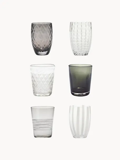 Set de vasos artesanales Melting, 6 uds., Vidrio, Gris transparente, Set de diferentes tamaños