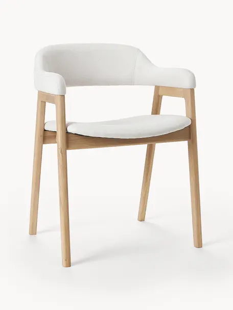 Silla con reposabrazos de madera Santiano, Tapizado: 100% poliéster Alta resis, Estructura: madera contrachapada, Patas: madera de roble maciza, Tejido Off White, An 58 x F 58 cm