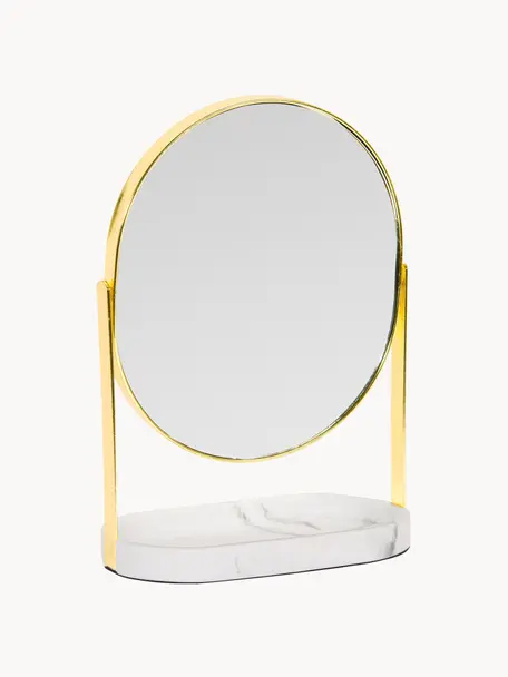 Kosmetikspiegel Bello mit Vergrößerung, Rahmen: Metall, Sockel: Polyresin, Spiegelfläche: Spiegelglas, Goldfarben, Weiß, B 18 x H 26 cm