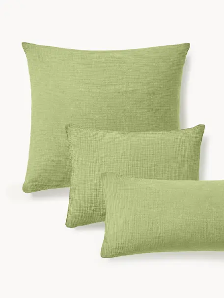 Funda de almohada de muselina Odile, Verde oliva, An 45 x L 110 cm