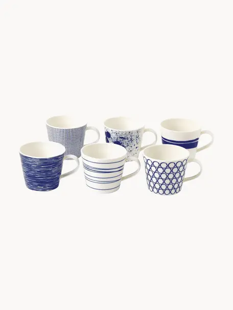 Set di 6 tazze in porcellana Pacific Blue, Porcellana, Bianco, blu scuro, Ø 10 x Alt. 9 cm, 400 ml