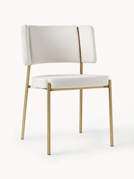 Krzesło tapicerowane Bouclé Samantha, 2 szt., Tapicerka: Bouclé (100% poliester) D, Nogi: metal malowany proszkowo, Złamana biel Bouclé, odcienie złotego, S 55 x G 55 cm