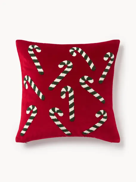 Samt-Kissenhülle Darva mit getuftetem Zuckerstangen-Muster, 100 % Baumwollsamt, Rot, B 50 x L 50 cm