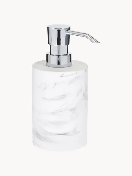 Dosificador de jabón Swan, Recipiente: plástico (poliresina), Dosificador: plástico (ABS), Mármol blanco, plateado, Ø 7 x Al 17 cm