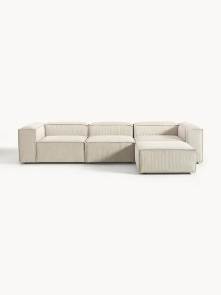 Modulares Sofa Lennon (4-Sitzer) aus Cord mit Hocker, Bezug: Cord (92 % Polyester, 8 %, Gestell: Massives Kiefernholz, Spe, Füße: Kunststoff Dieses Produkt, Cord Hellbeige, B 327 x T 207 cm