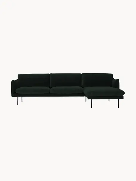Sofá rinconera de terciopelo Moby, Tapizado: terciopelo (poliéster de , Estructura: madera de pino maciza, Patas: metal con pintura en polv, Terciopelo verde oscuro, An 280 x F 160 cm, chaise longue derecha