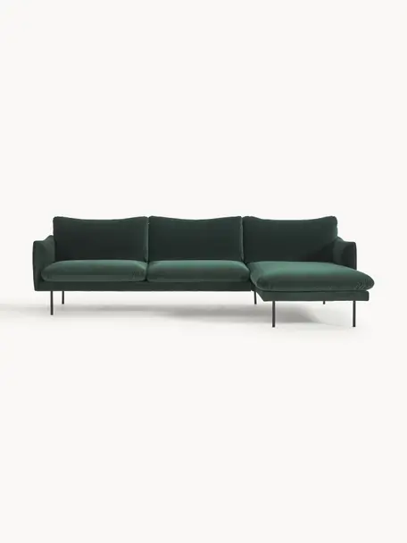 Divano angolare in velluto Moby, Rivestimento: velluto (rivestimento in , Struttura: legno di pino massiccio, Piedini: metallo verniciato a polv, Velluto verde scuro, Larg. 280 x Prof. 160 cm, chaise longue a destra