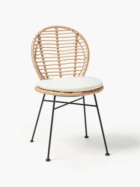 Polyrotan stoelen Cordula met stoelkussen, 2 stuks, Zitvlak: polyethyleen vlechtwerk, Frame: gepoedercoat metaal, Lichtbruin, zwart, B 48 x D 57 cm