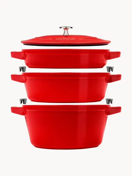 Set de baterías de cocina de hierro fundido La Cocotte, 3 uds., Hierro fundido esmaltado, Rojo brillante, Set de diferentes tamaños