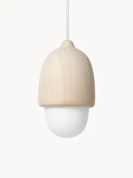 Kleine hanglamp Terho in de eikelvorm, mondgeblazen, Lindenhout, wit, Ø 14 x H 22 cm