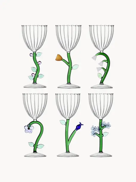 Handgemaakte wijnglazen Botanica, 6-delig, Borosilicaatglas, Transparant, groen, Ø 9 x H 20 cm, 280 ml