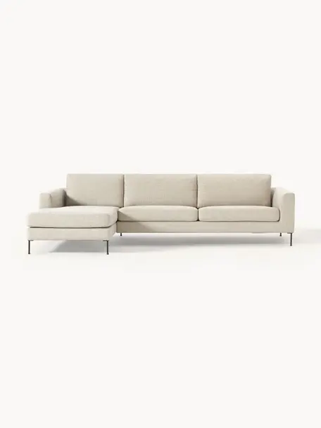 Sofa narożna Cucita (4-osobowa), Tapicerka: tkanina (100% poliester) , Nogi: metal lakierowany Materia, Jasnobeżowa tkanina, S 302 x G 163 cm, lewostronna