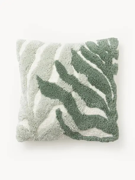 Baumwoll-Kissenhülle Sela mit getuftetem Pflanzen-Motiv, 100 % Baumwolle, BCI-zertifiziert, Grün, Cremeweiß, B 45 x L 45 cm