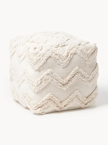 Pouf con motivo capitonné a zigzag Akesha, Custodia: 100 % cotone, Tessuto bianco, Larg. 50 x Lung. 50 cm