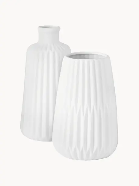 Set di 2 vasi con rilievo scanalato Esko, Porcellana, Bianco, Set in varie misure