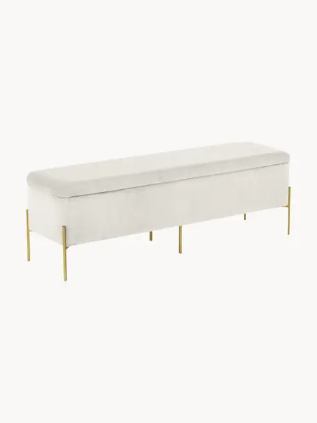 Banc coffre en velours Harper, Velours grège, couleur dorée, larg. 140 x haut. 45 cm