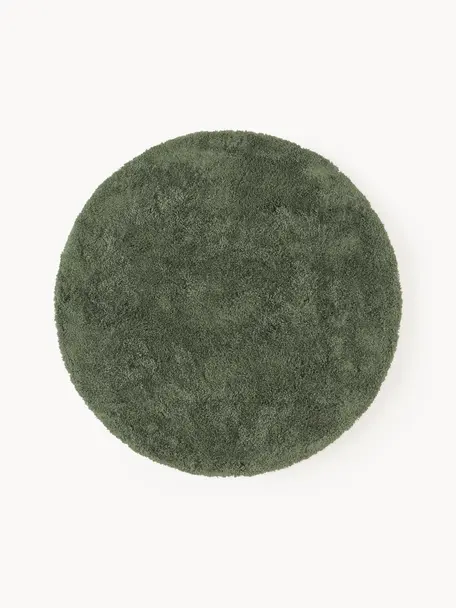 Tappeto rotondo morbido a pelo lungo Leighton, Retro: 70% poliestere, 30% coton, Verde scuro, Ø 150 x Alt. 3 cm (taglia M)
