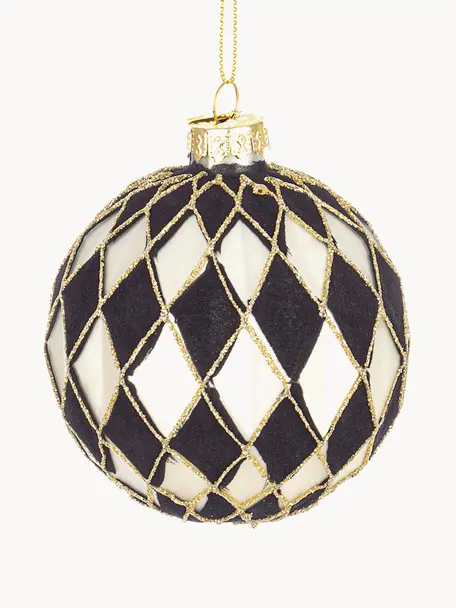 Boules de Noël Monochrome, 12 pièces, Verre, Blanc, noir, doré, Ø 8 cm