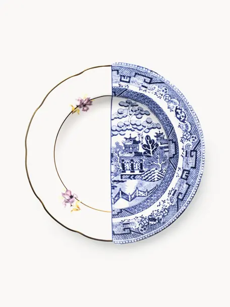 Ręcznie zdobiony talerz głęboki Hybrid, Porcelana chińska, Niebieski, biały, Ø 25 x 4 cm
