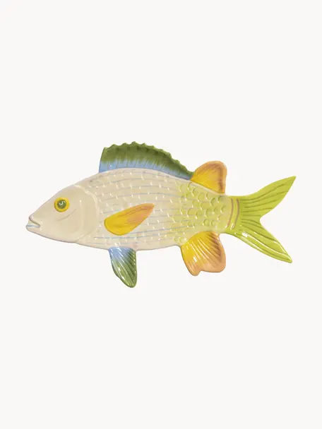 Handbemalte Servierplatte Fish aus Dolomit, Dolomit, Grün, Hellgelb, B 35 x T 19 cm