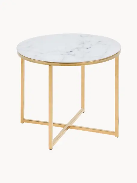 Beistelltisch Aruba mit marmorierter Glasplatte, Tischplatte: Glas, matt bedruckt, Gestell: Stahl, vermessingt, Marmor-Optik Weiß, Goldfarben, Ø 50 x H 42 cm