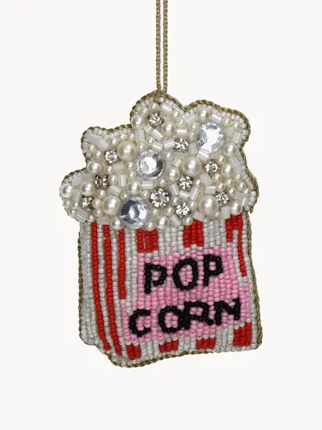 Baumanhänger Popcorn aus Perlen, Glas, Kunststoff-Perlen, Weiss, Rot, Pink, B 8 x H 10 cm
