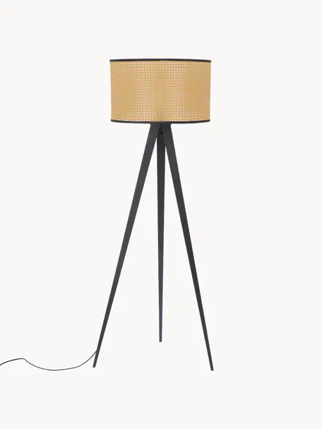 Lámpara de pie trípode con tejido vienés Vienna, Pantalla: plástico, Cable: tela, Beige, negro, Ø 50 x Al 154 cm