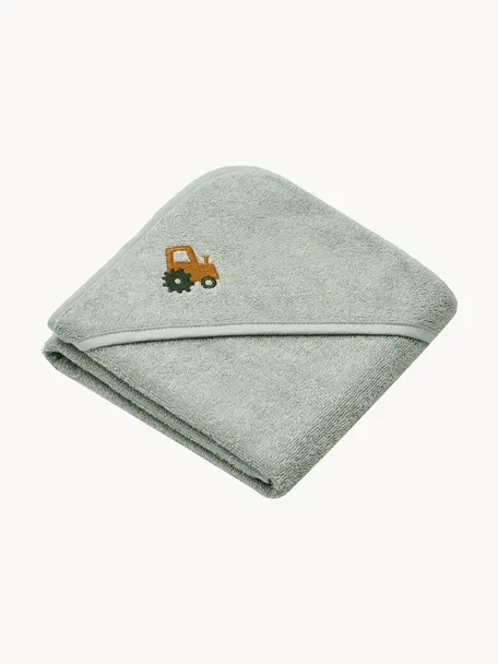 Ręcznik z bawełny organicznej dla dzieci Batu, 100% bawełna organiczna z certyfikatem GOTS, Szałwiowy zielony z motywem traktora, S 70 x D 70 cm