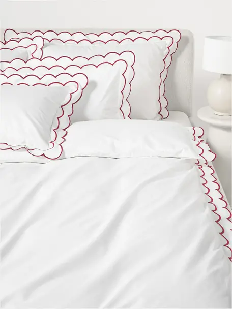 Housse de couette en percale de coton avec ourlet ondulé Atina, Blanc, rouge, larg. 200 x long. 200 cm