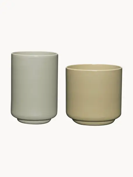 Contenedores multifuncionales artesanales Deux Pots, 2 uds., Polvo de piedra, Verde claro, beige, Set de diferentes tamaños