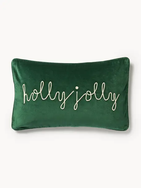 Housse de coussin rectangulaire en velours brodé Holly Jolly, Velours (100 % coton), Vert foncé, larg. 30 x long. 50 cm