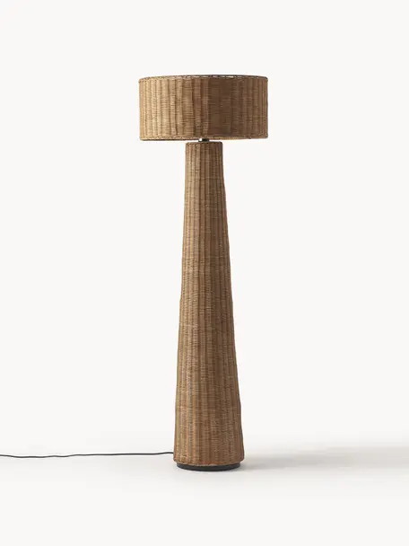 Lámpara de pie artesanal de ratán de diseño Paolo, Pantalla: ratán, Estructura: metal, Cable: cubierto en tela, Marrón claro, Al 150 cm
