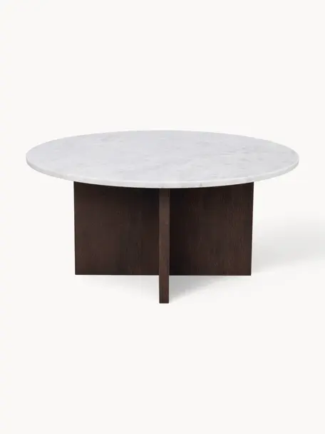 Kulatý mramorový konferenční stolek Brooksville, Bílá, mramorovaná, dřevo, Ø 90 cm