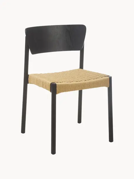 Sillas de madera y ratán Danny, 2 uds., Estructura: madera de haya, Asiento: fibras de ratán, Negro, beige, An 52 x F 51 cm