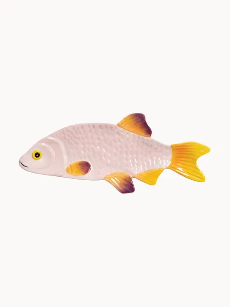 Handbemalte Servierplatte Fish aus Dolomit, L 32 x B 13 cm, Dolomit, glasiert, Rosa, Lila, Orange, Zitronengelb, B 32 x T 13 cm