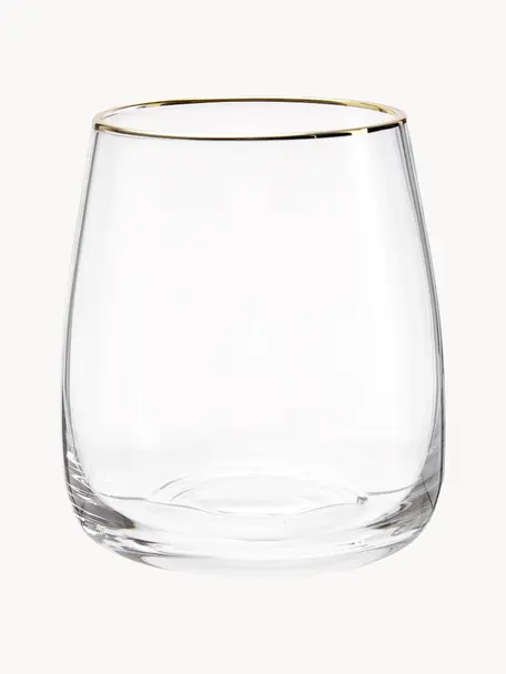 Vasos de vidrio soplado artesanalmente Ellery, 4 uds., Vidrio, Transparente con borde dorado, Ø 9 x Al 10 cm, 370 ml
