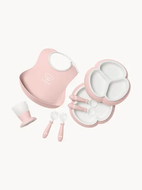 Vaisselle pour enfants avec bavoir Bliss, 8 élém., Plastique, Rose pâle, blanc, Lot de différentes tailles