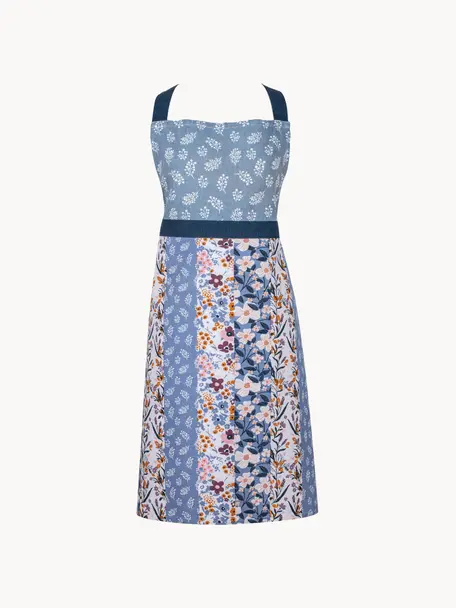 Zástěra s květinovým vzorem a nastavitelným popruhem za krk Homespun, 100 % bavlna, Modrá, více barev, Š 68 cm, D 75 cm