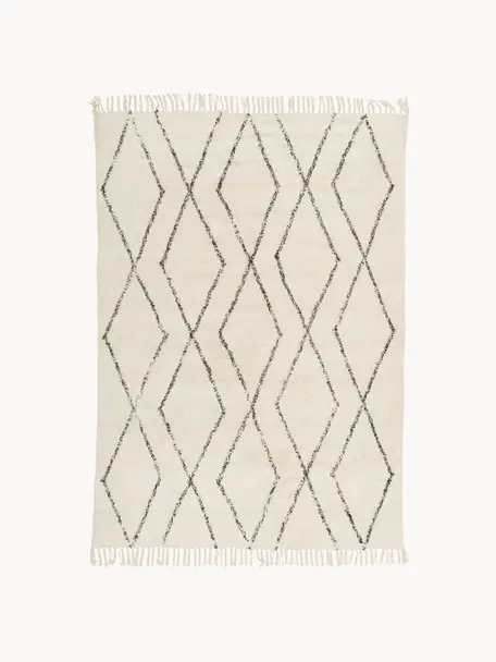 Handgetufteter Baumwollteppich Bina mit Rautenmuster und Fransen, 100 % Baumwolle

Das in diesem Produkt verwendete Material ist schadstoffgeprüft und zertifiziert nach STANDARD 100 by OEKO-TEX® , HOHENSTEIN HTTI, 21.HIN.90042., Beige, Schwarz, B 80 x L 150 cm (Grösse XS)