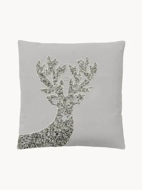 Housse de coussin 45x45 brodée avec ornaments Deer, 100 % coton, Gris clair, larg. 45 x long. 45 cm