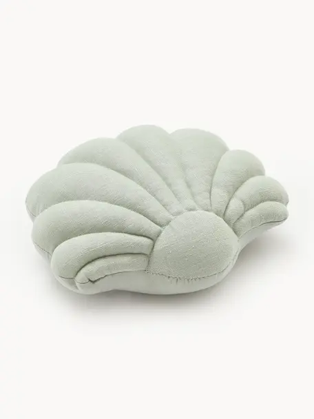 Cuscino in lino a forma di conchiglia Shell, Retro: 100% cotone, Verde salvia, Larg. 34 x Lung. 38 cm